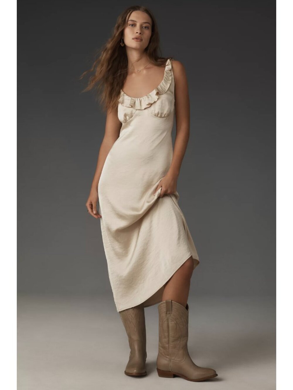 Mare Mare Anthropologie Cream Ivory Satin Champagne Ruffle Midi Slip Dress